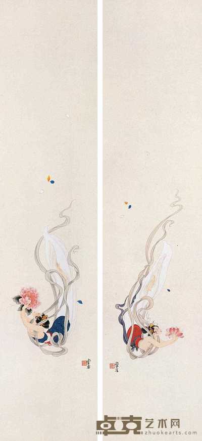 李唐 飞天（二幅） 镜心 119×28.5cm×2
